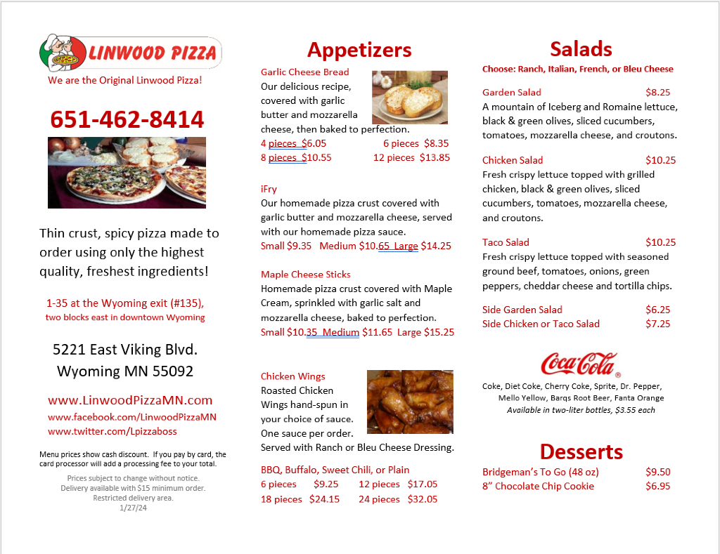 Linwood Pizza Menu, Wyoming, MN Appetizers Salads Desserts 012724