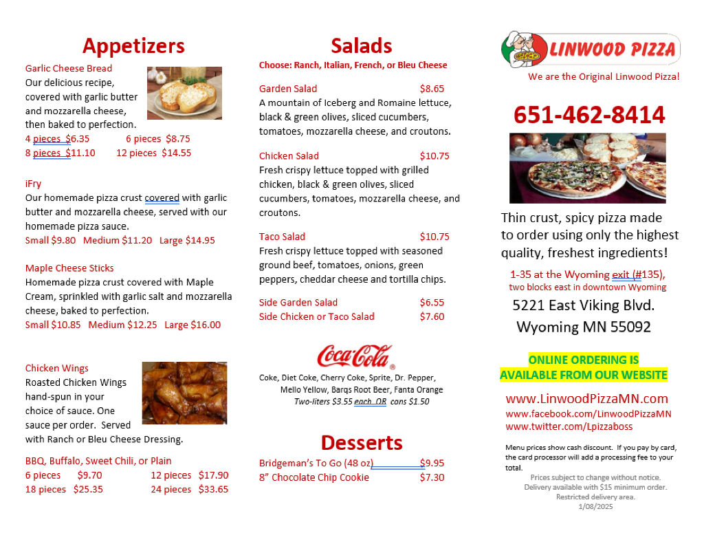 Linwood Pizza, Wyoming, MN, Appetizers, Wings, Desserts