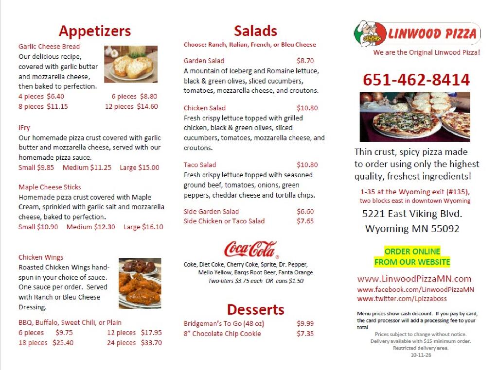 Linwood Pizza Menu page one