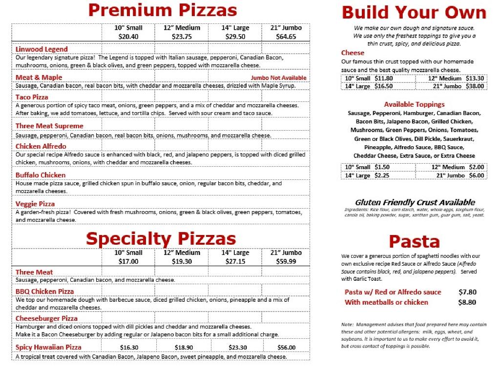 Linwood Pizza Menu Pizzas